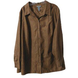Catherines Womens Shirt Size 3x Paisley Brown Button Up Faux Suede Boho